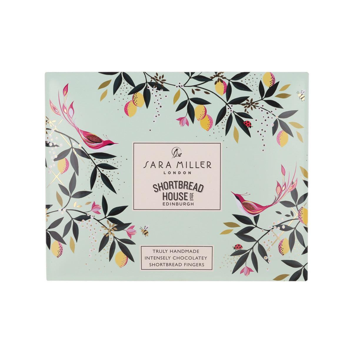 Sara Miller shortbread house box with chocolate chip finger biscuits, floral design