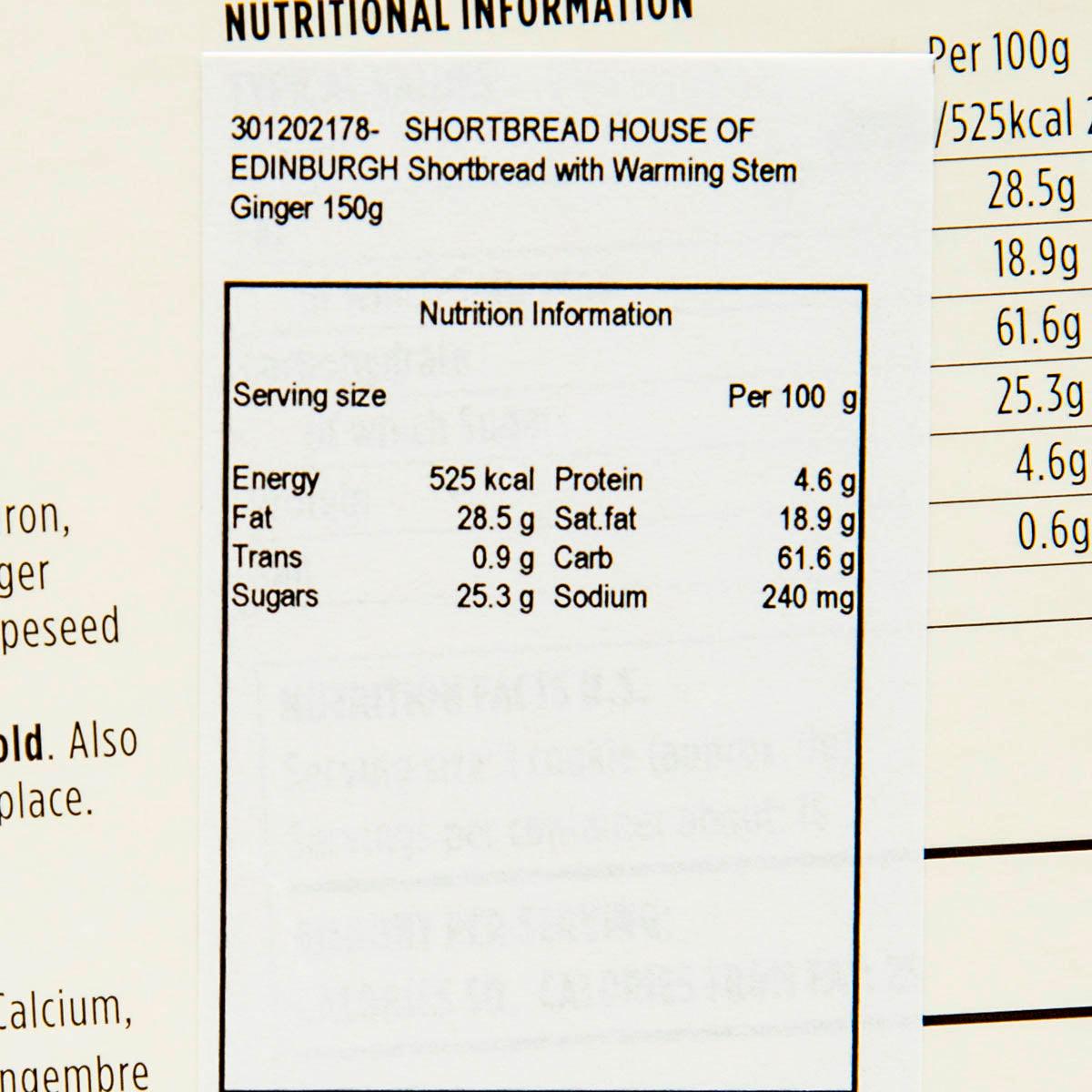 Nutrition information panel close-up for warming stem ginger shortbread, per 100 g