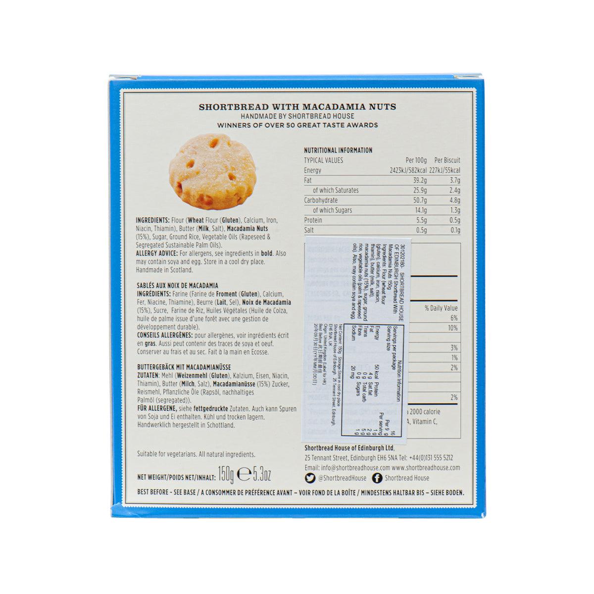SHORTBREAD HOUSE OF EDINBURGH shortbread back label with macadamia nuts, nutrition