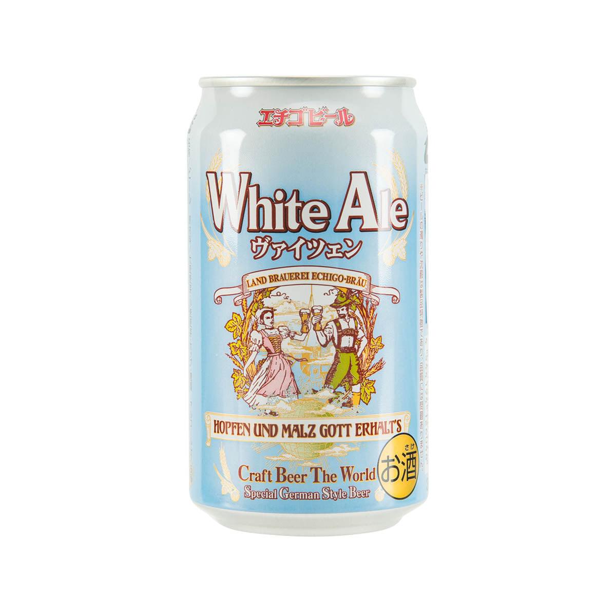 Light blue White Ale beer can with illustrated label and gold badge