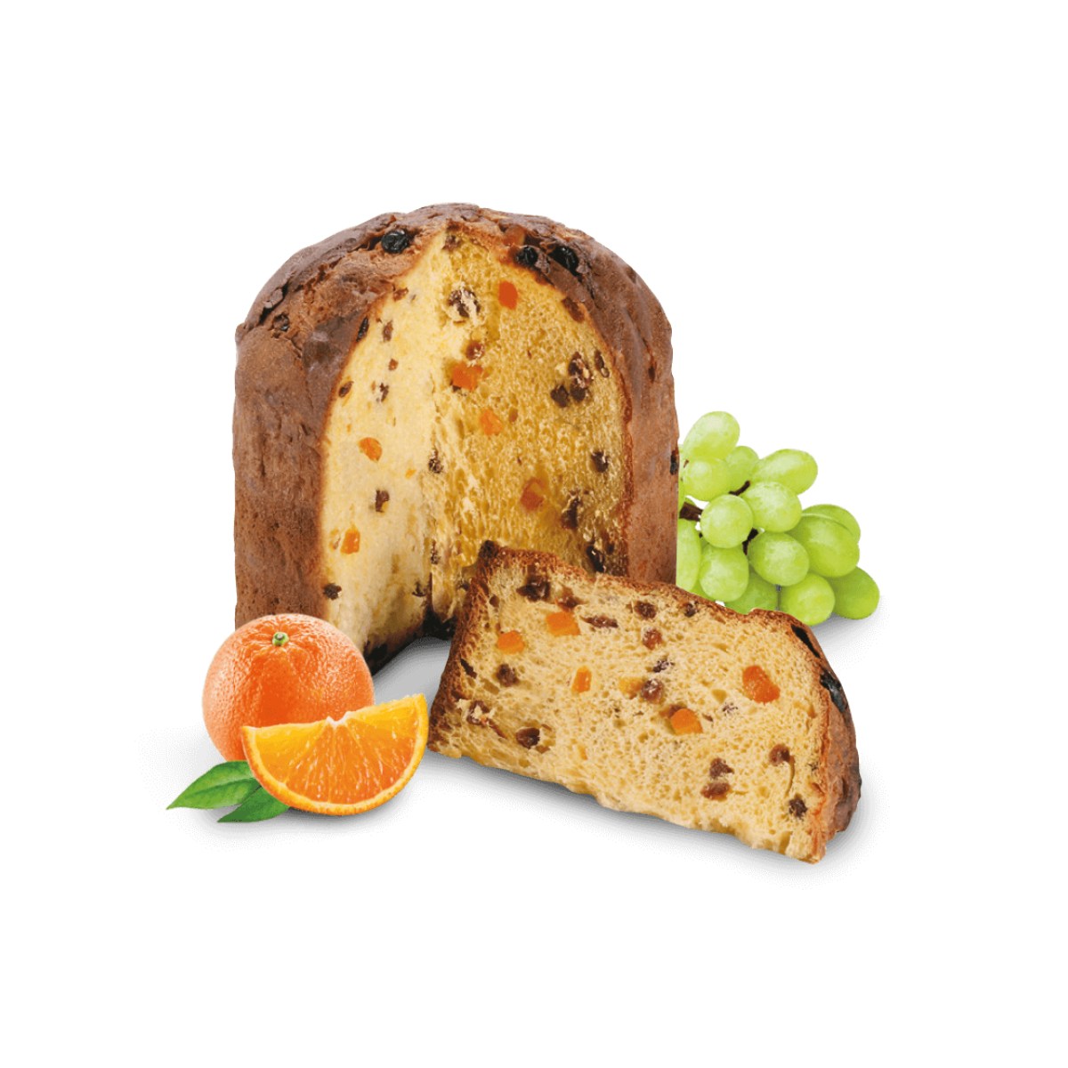Panettone loaf and slice with golden crumb, browned crust; grapes and orange garnish