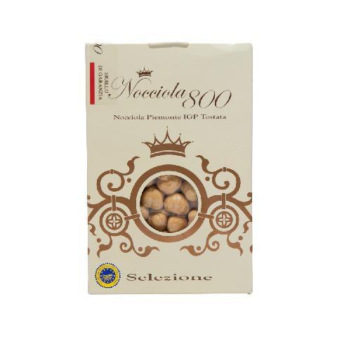 Roasted hazelnuts box with hazelnut photo and decorative seal branding