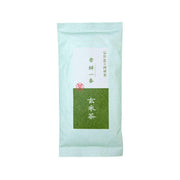 Genmaicha brown rice tea pouch with green front label and mint-colored outer pack.