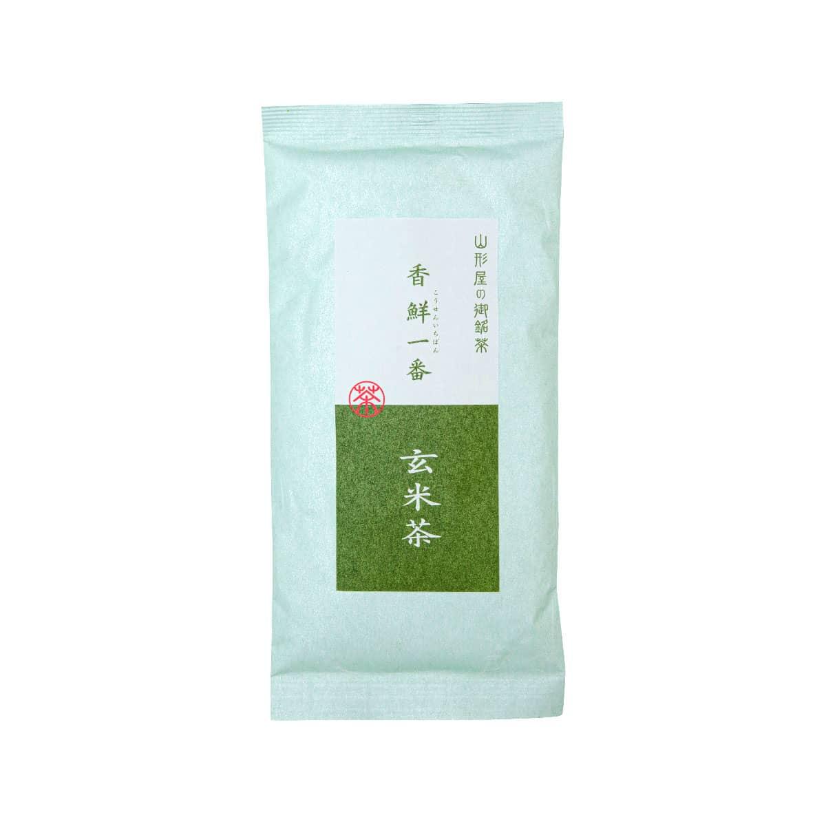 Genmaicha brown rice tea pouch with green front label and mint-colored outer pack.