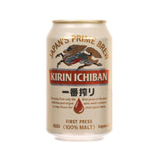 KIRIN Ichiban beer can, cream-gold can with tiger graphic and Japanese label