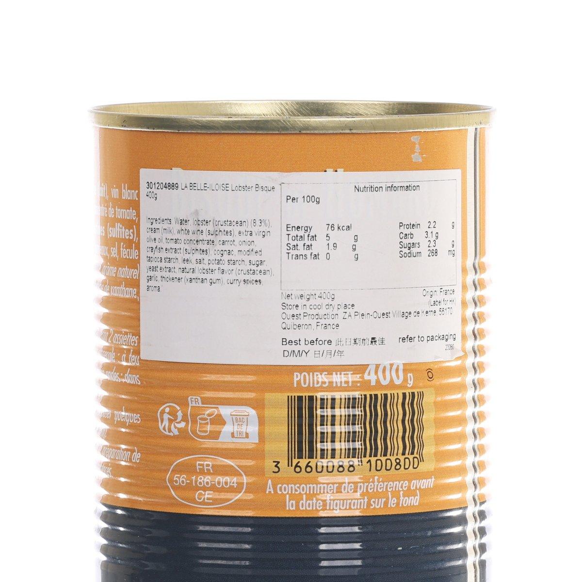 LA BELLE-ILOISE lobster bisque can with nutrition panel and “Poids nets 400 g”