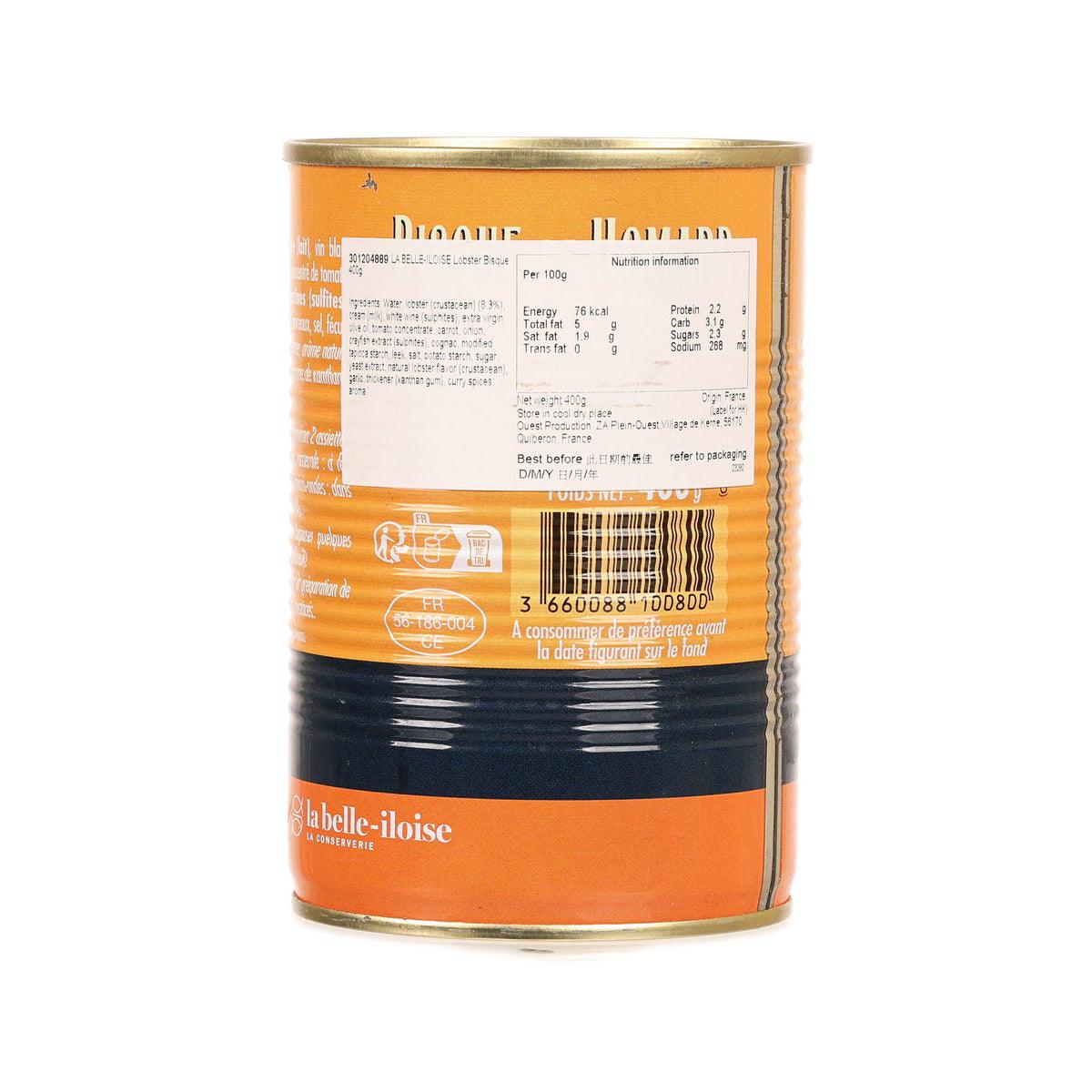 LA BELLE-ILOISE lobster bisque can, back label with nutrition and barcode, gold lid