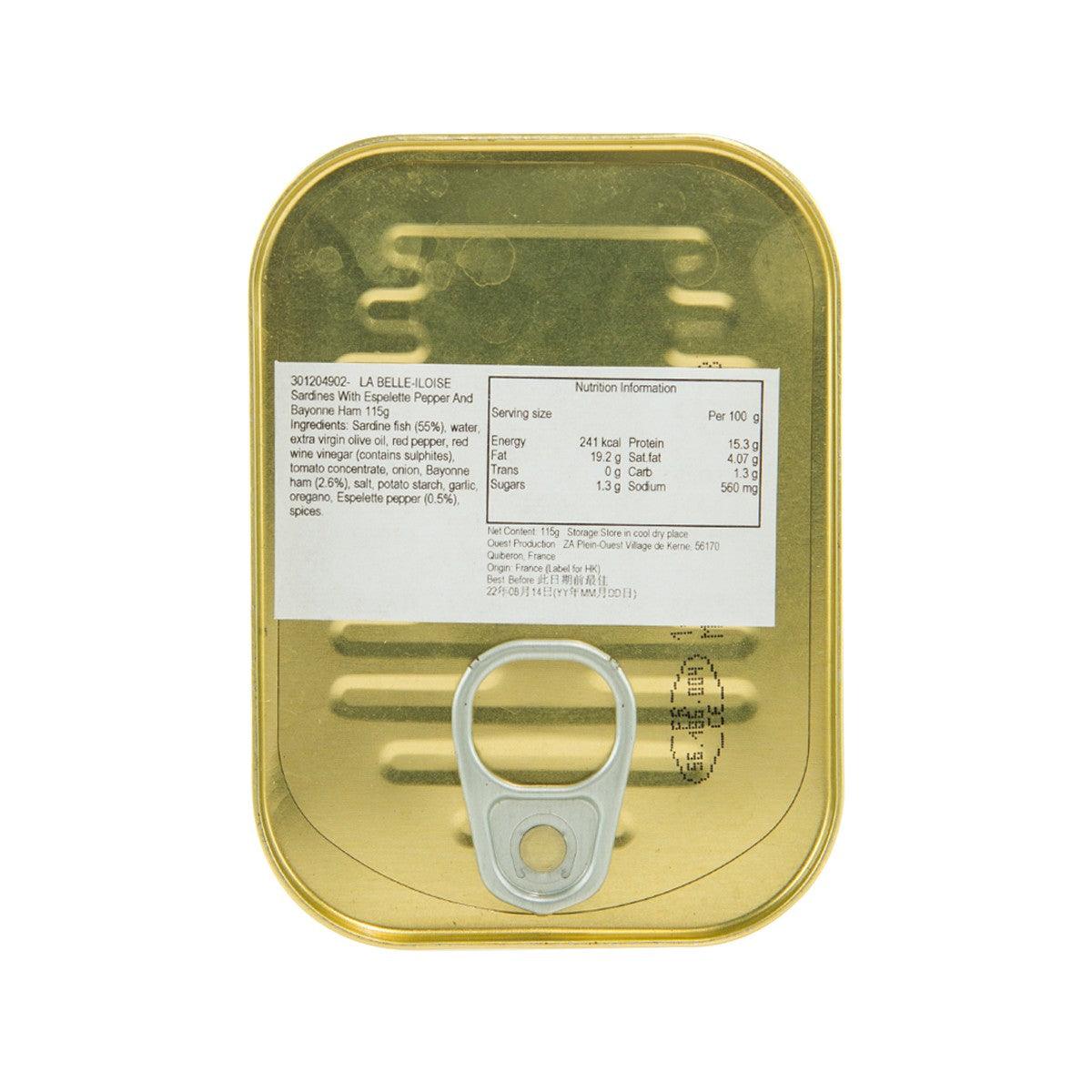 Sardines with Espelette pepper and Bayonne ham tin, back nutrition label