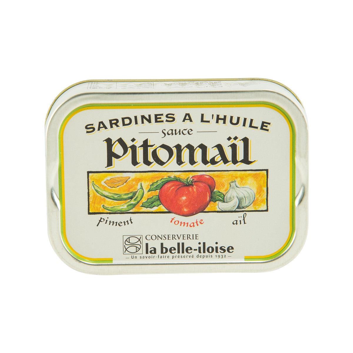 Sardines in oil with Pitomail sauce tin, front label with tomato and pepper