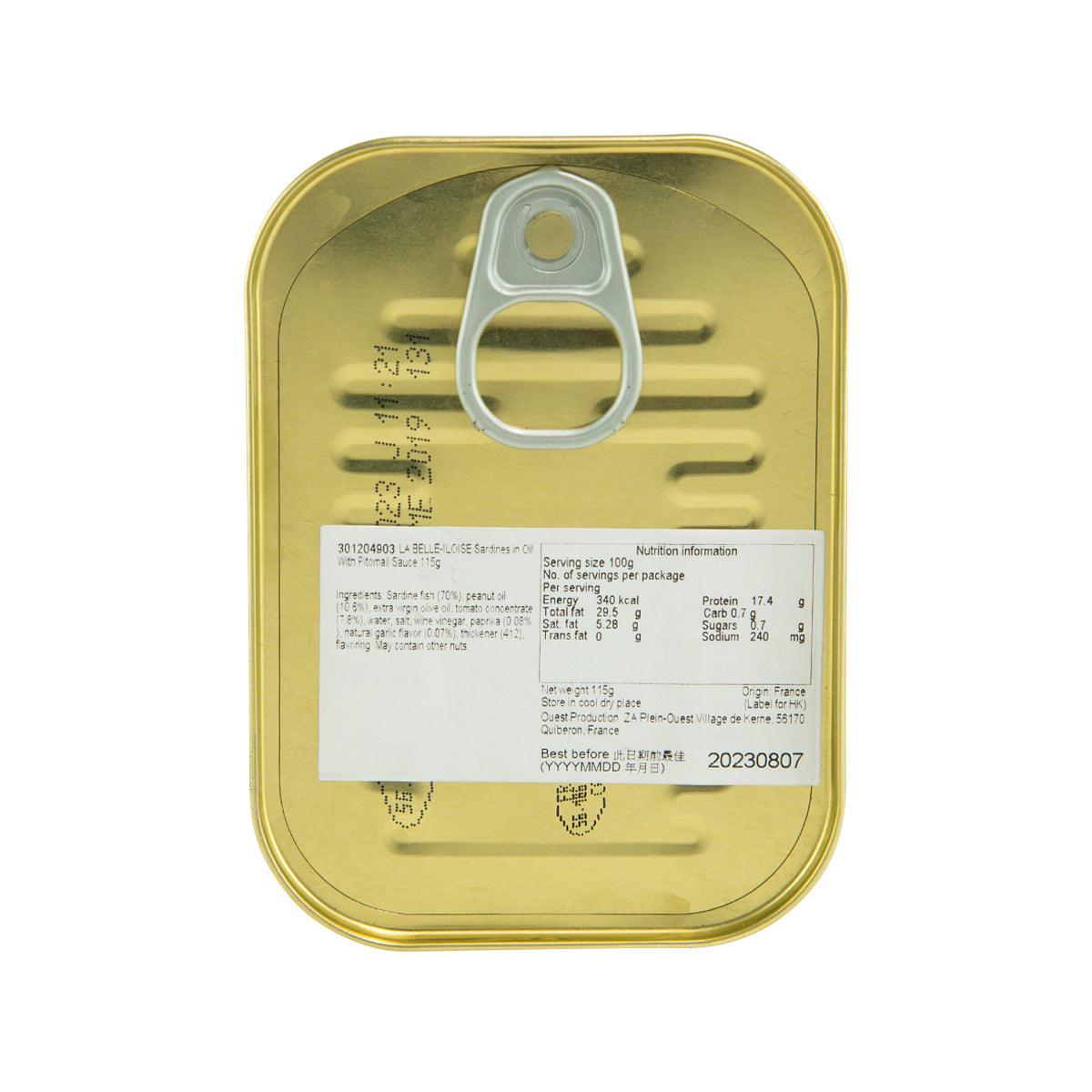 Sardines in oil tin, back label with nutrition details and ring pull