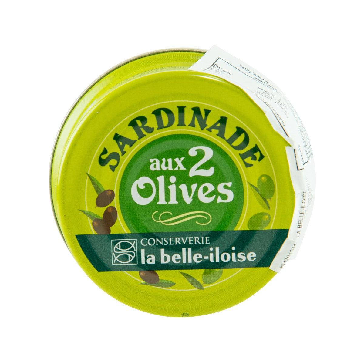 Sardines with olives tin lid, green label reading SARDINES aux 2 Olives