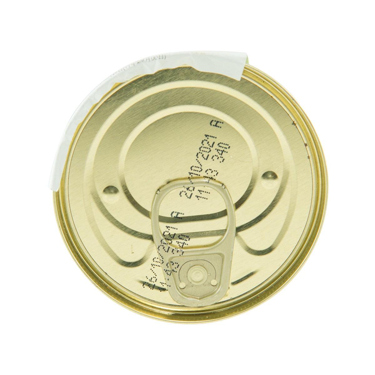 Sardines with olives tin lid underside with metal ring and pull tabs