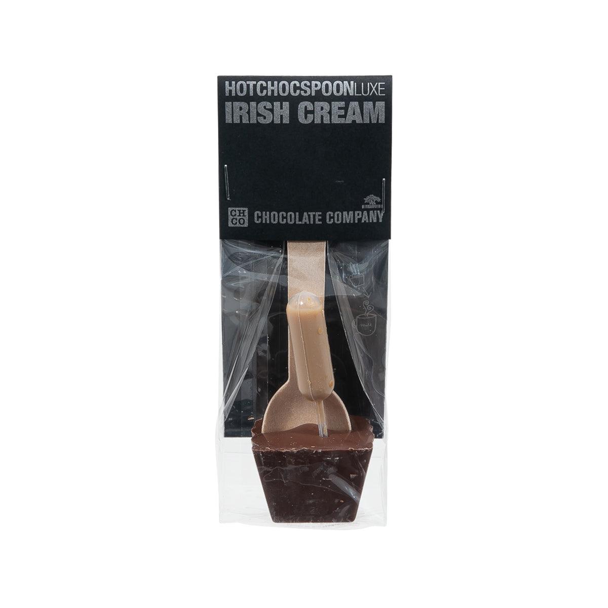 Irish cream hot chocolate spoon mix pouch, milk chocolate spoon with light cream topper