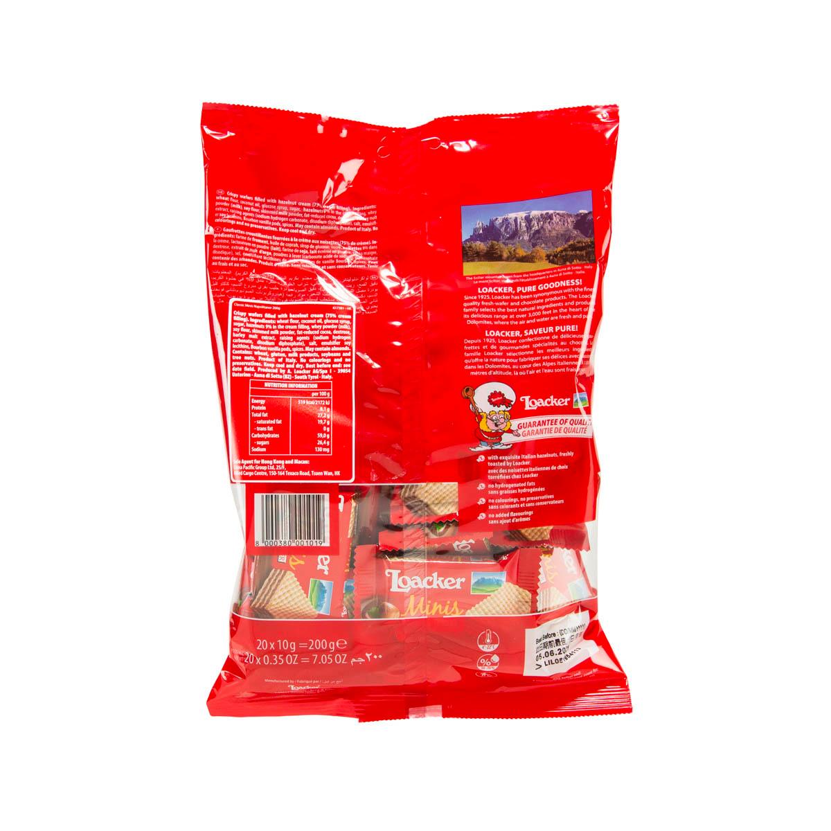 LOACKER hazelnut cream wafer bag, back view with product label and barcode