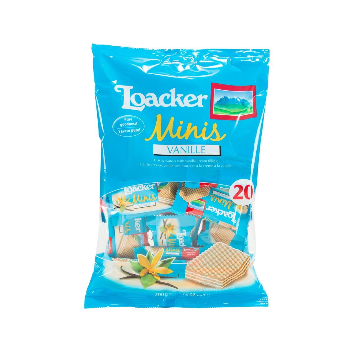 Vanilla-filled wafer minis snack bag, blue package with LOACKER Minis branding