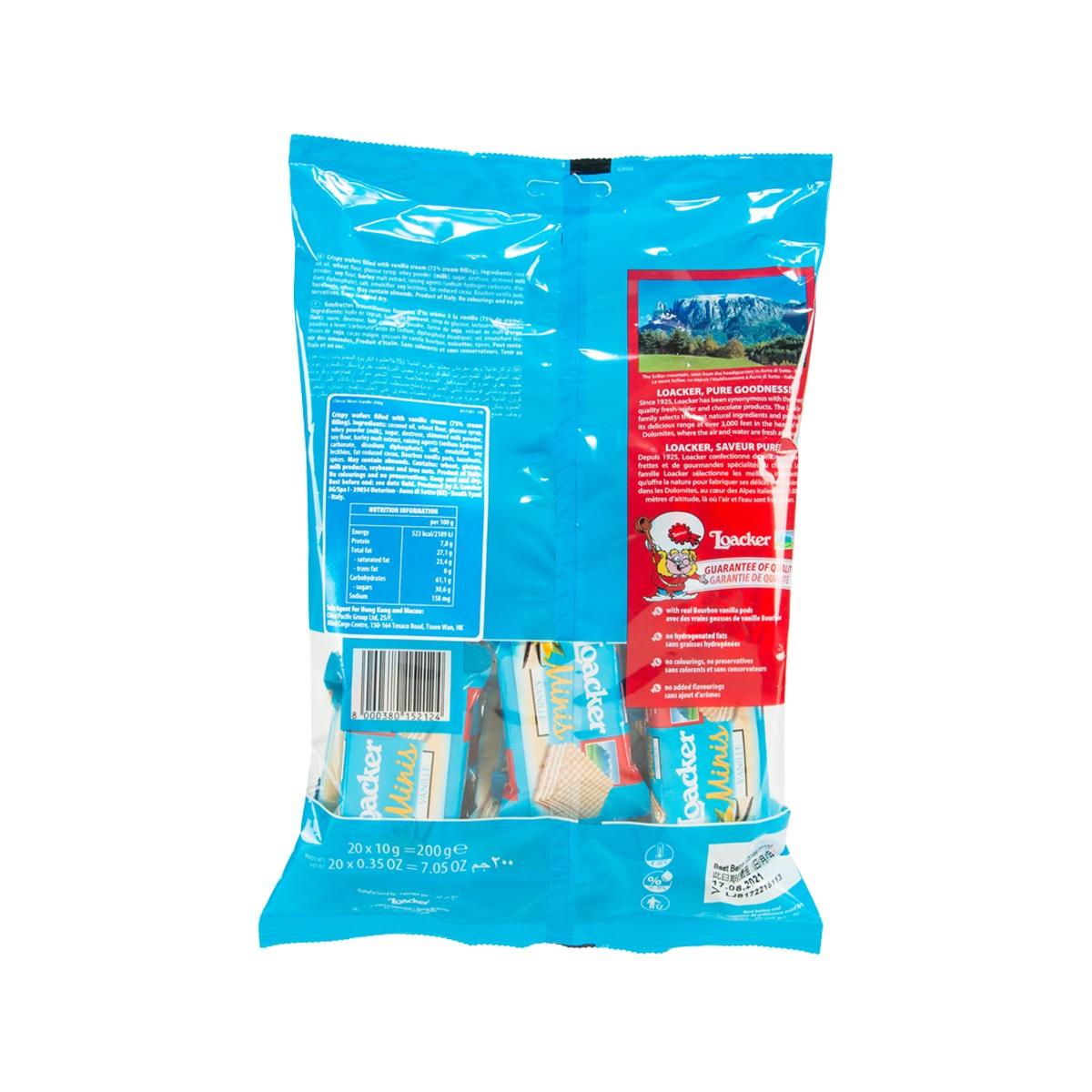 Vanilla-filled wafer minis snack bag, back view with barcode and label text