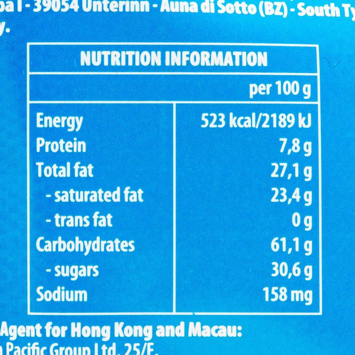 Nutrition facts panel for vanilla wafer minis, per 100 g values shown