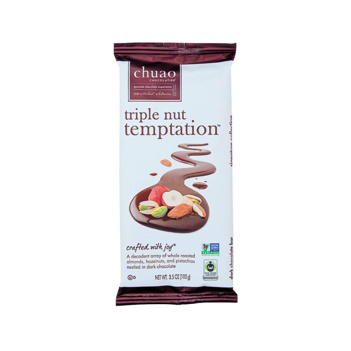 CHUAO dark chocolate bar, triple nut temptation flavor in foil wrapper, 100g