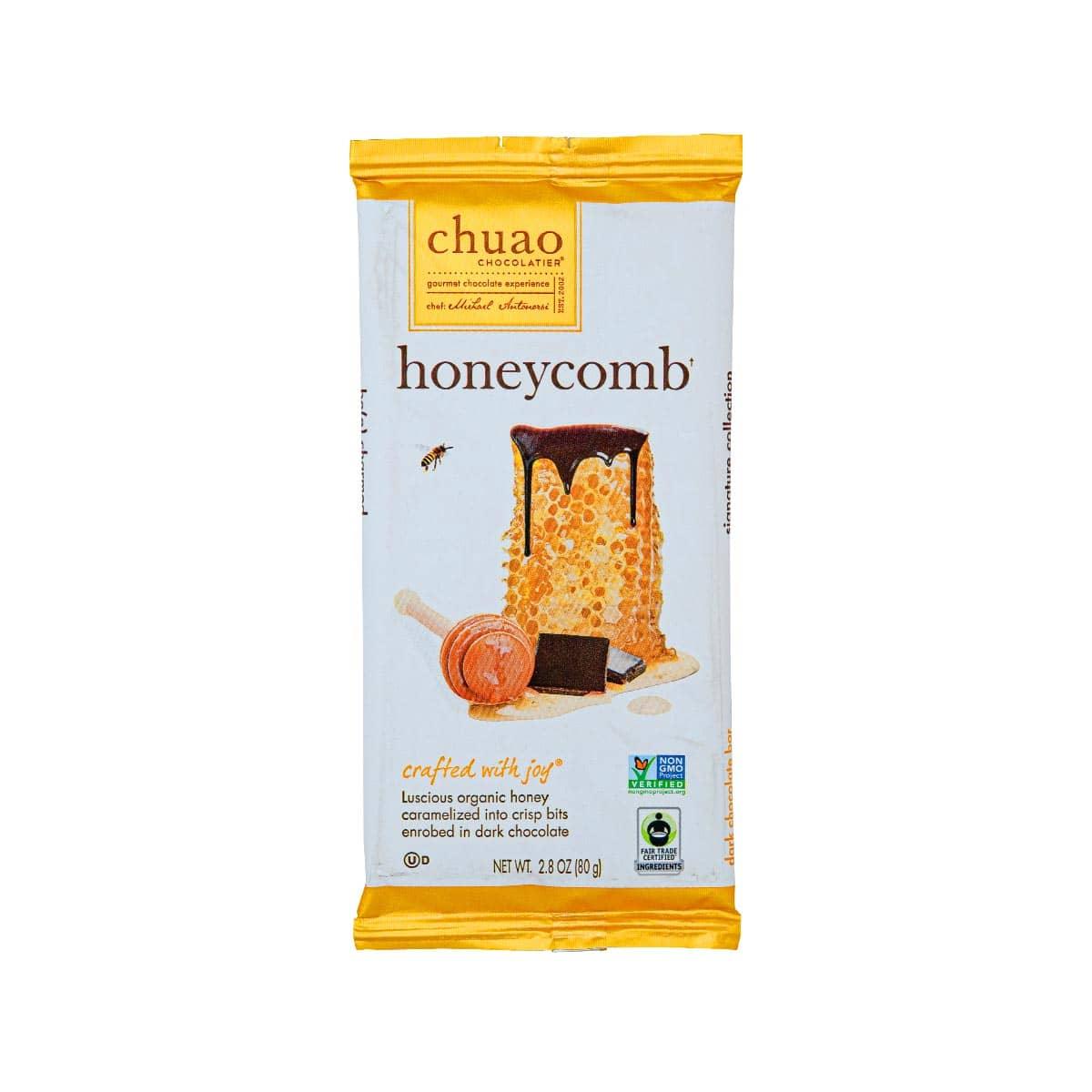 Honeycomb gourmet handcrafted chocolate bar, front of foil pouch with CHUAO logo