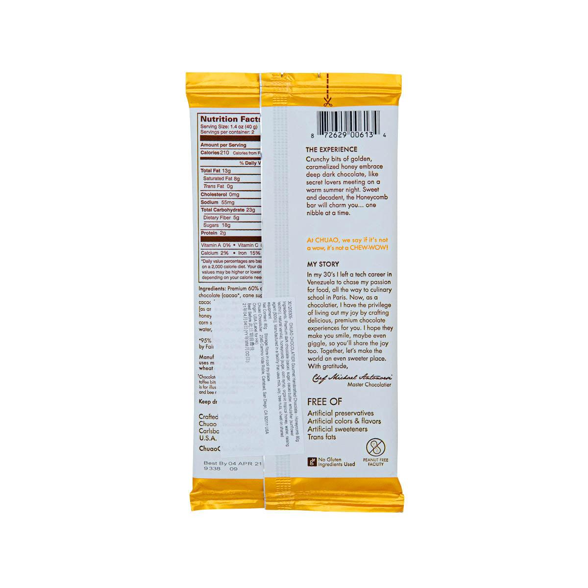 Honeycomb chocolate foil pouch back with nutrition facts and ingredients panel