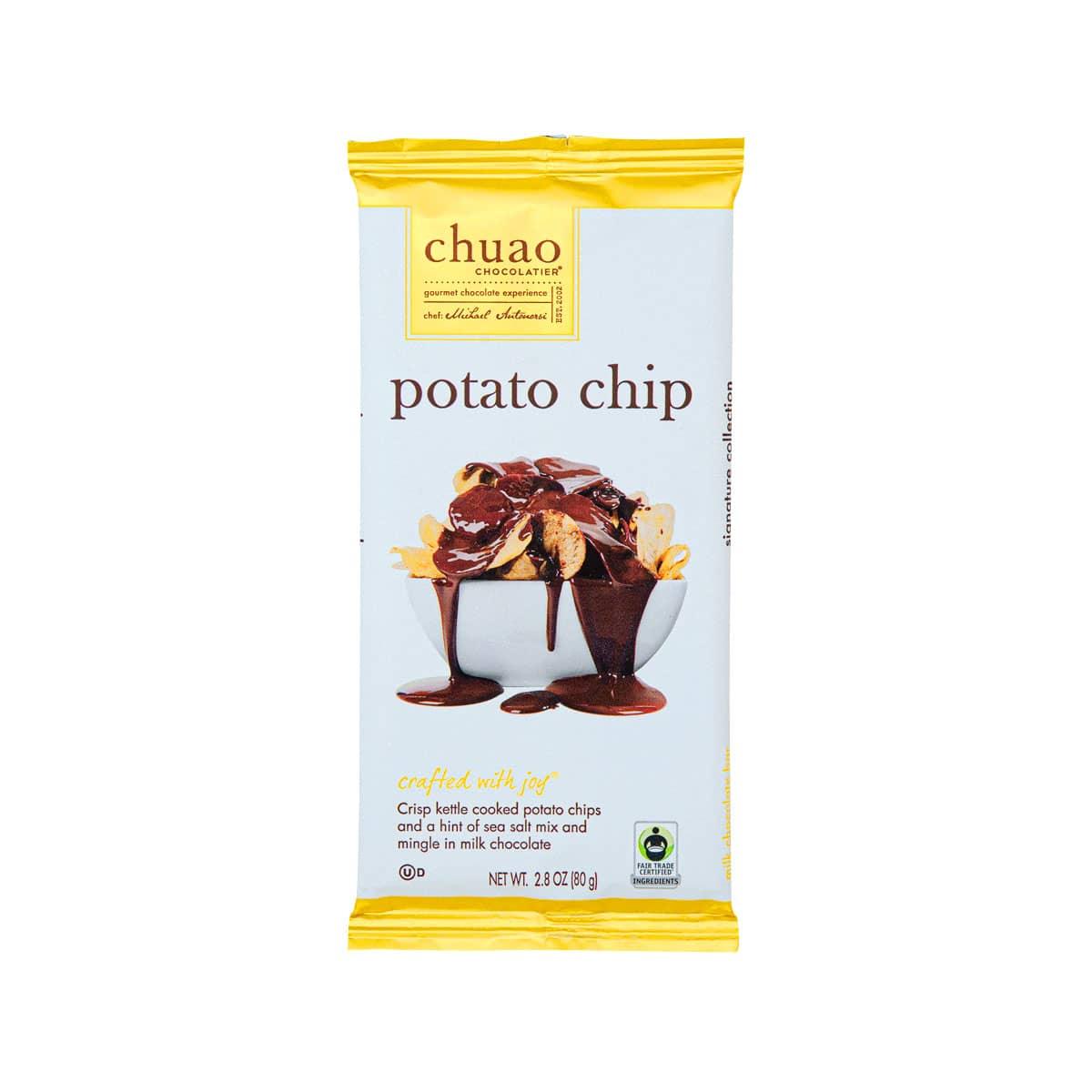 Milk chocolate bar in foil wrapper with potato chip flavor, branded CHUAO.