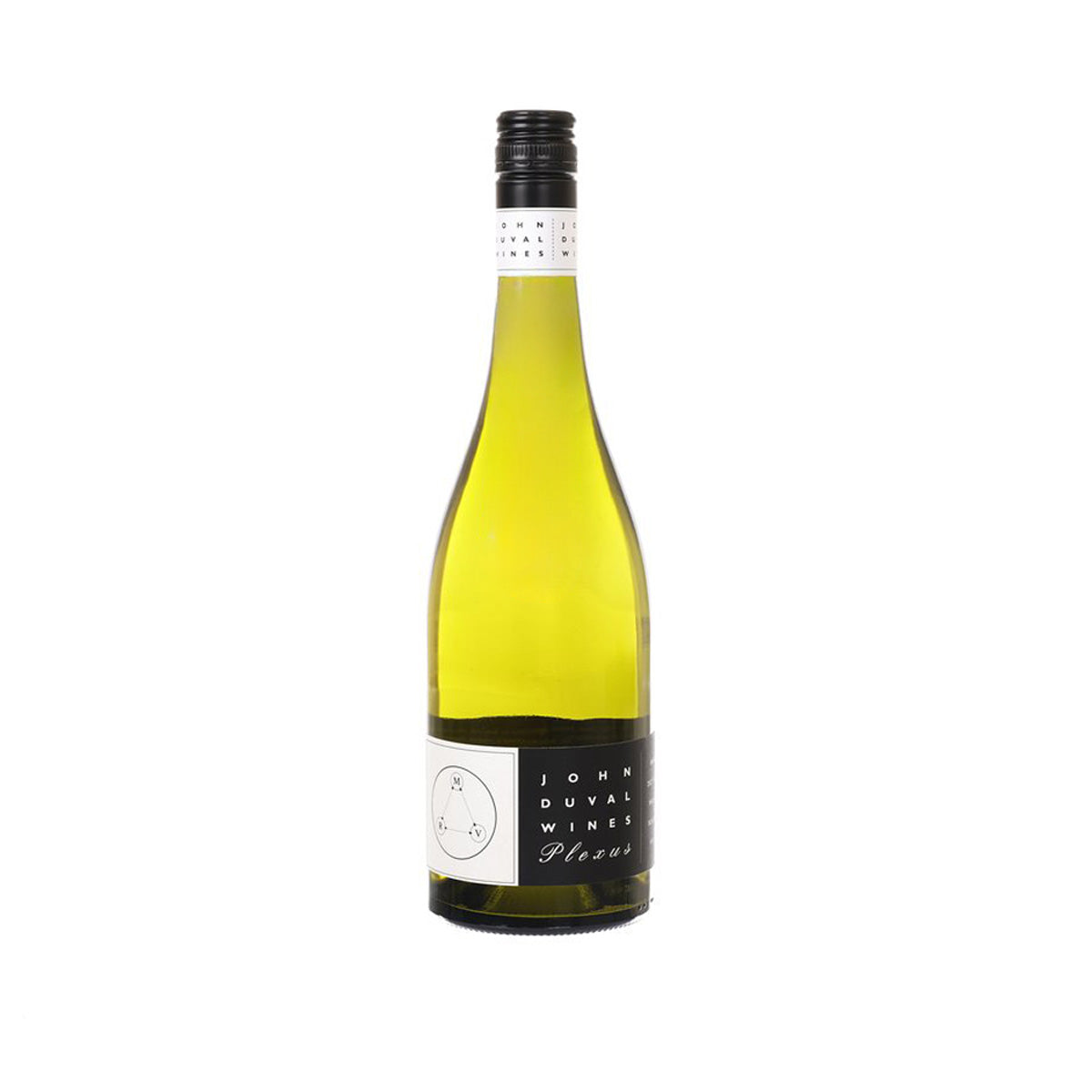 Yellow wine bottle with black cap and front label