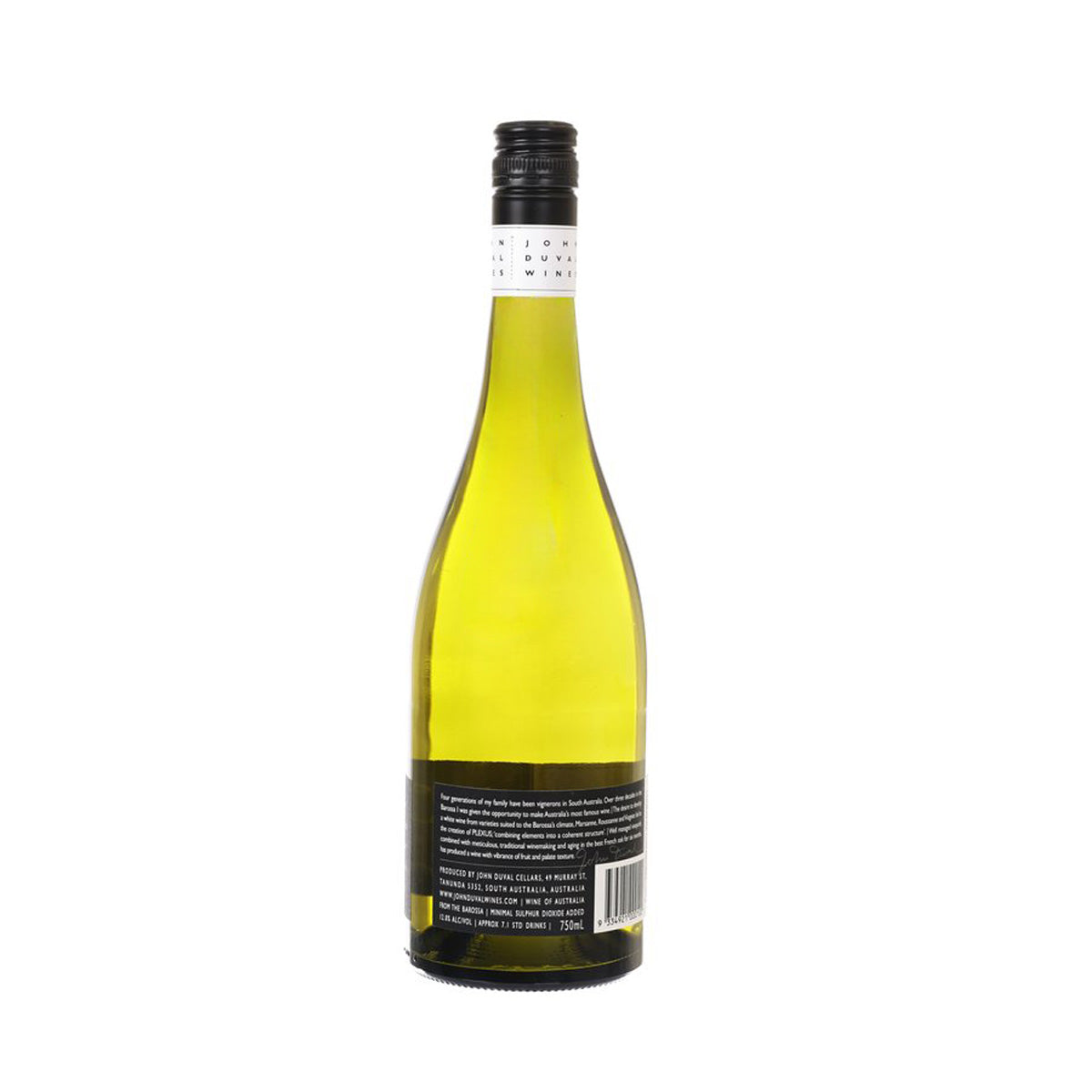 Yellow wine bottle with black cap and back label
