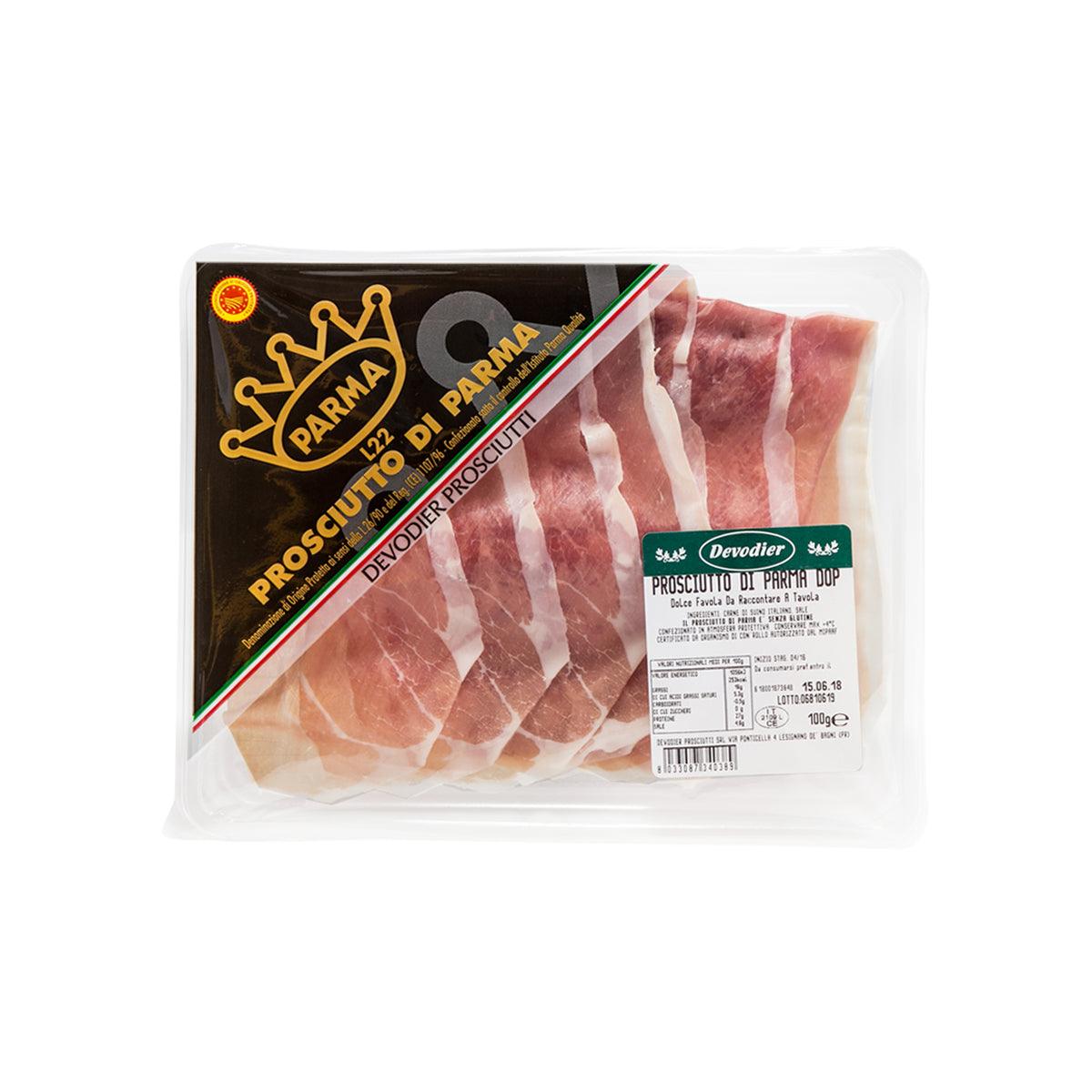 DEVODIER Prosciutto di Parma DOP ham, sliced in clear plastic tray, 100g