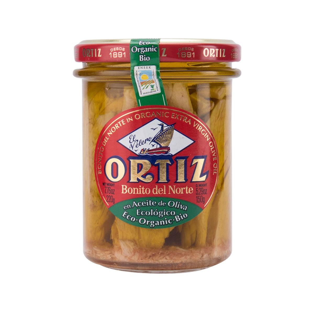 ORTIZ organic extra virgin olive oil tuna jar with front label