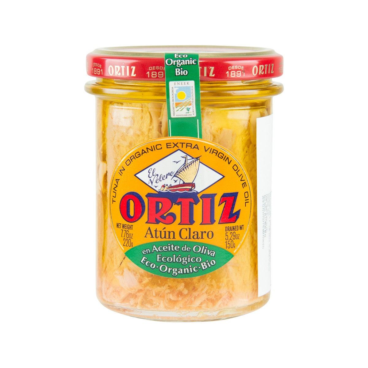 ORTIZ organic yellowfin tuna in extra virgin olive oil jar with red lid
