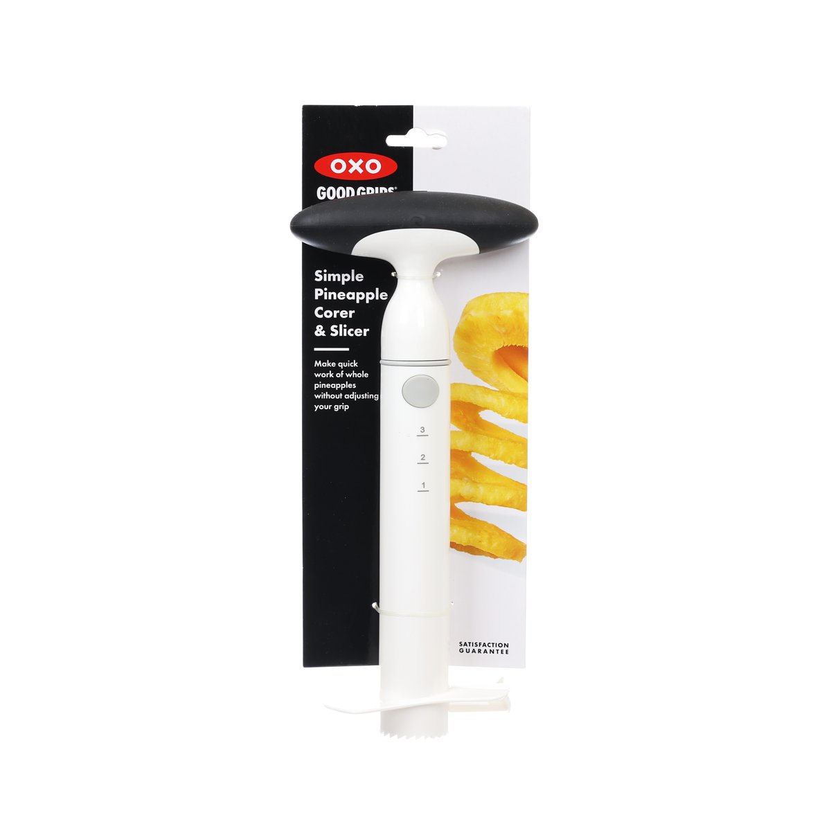 OXO pineapple corer & slicer tool in retail package, white cylinder and black handle