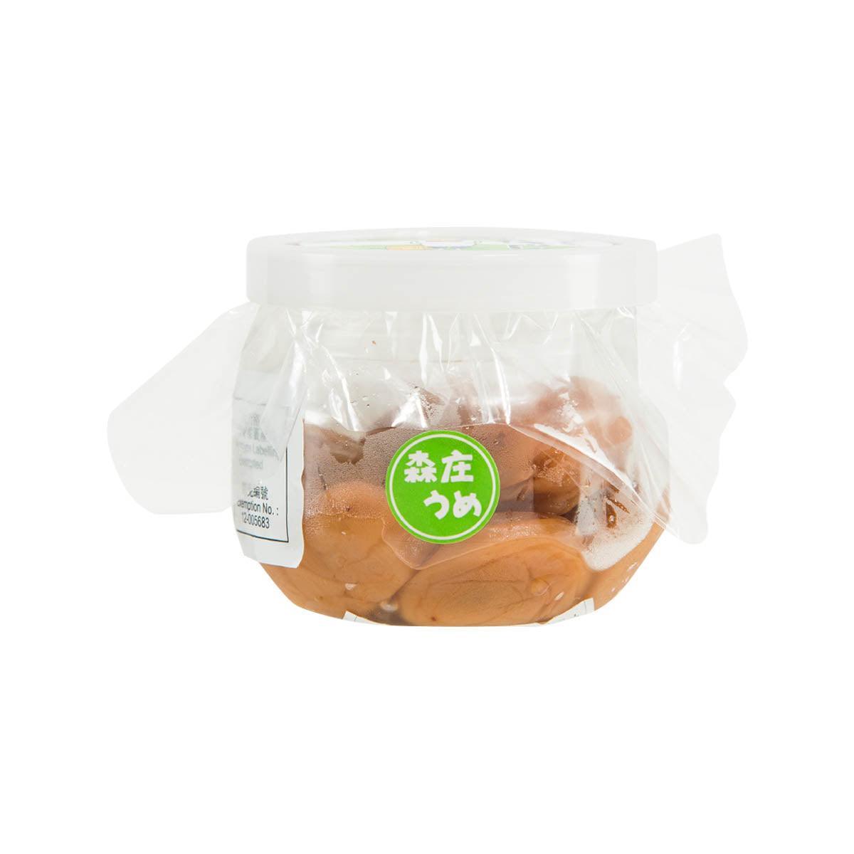 Pickled plum jar (120g) with green label, sealed in clear plastic wrap