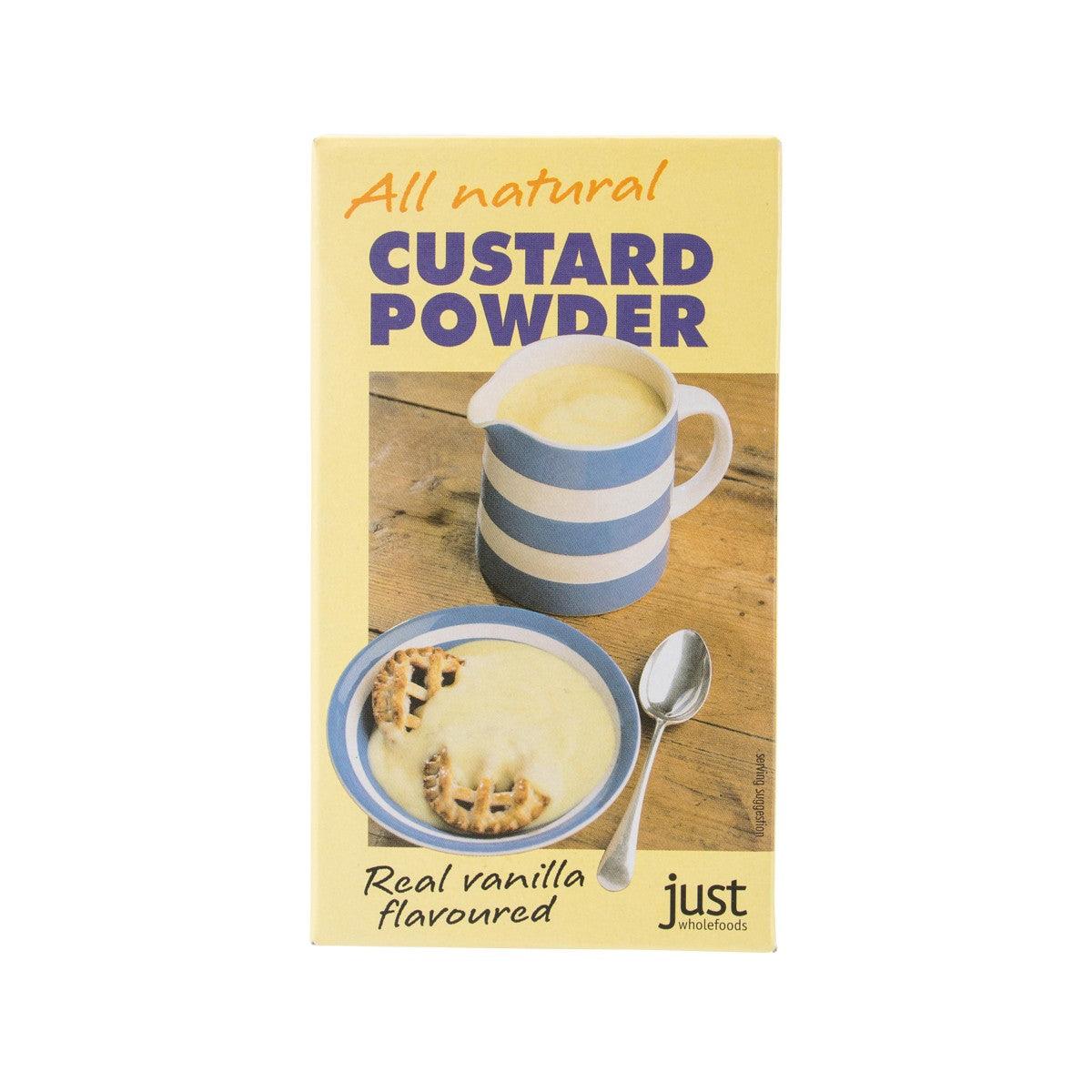 Vanilla custard powder in cardboard box with cream and blue mug graphic