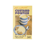 Vanilla custard powder in cardboard box with cream and blue mug graphic