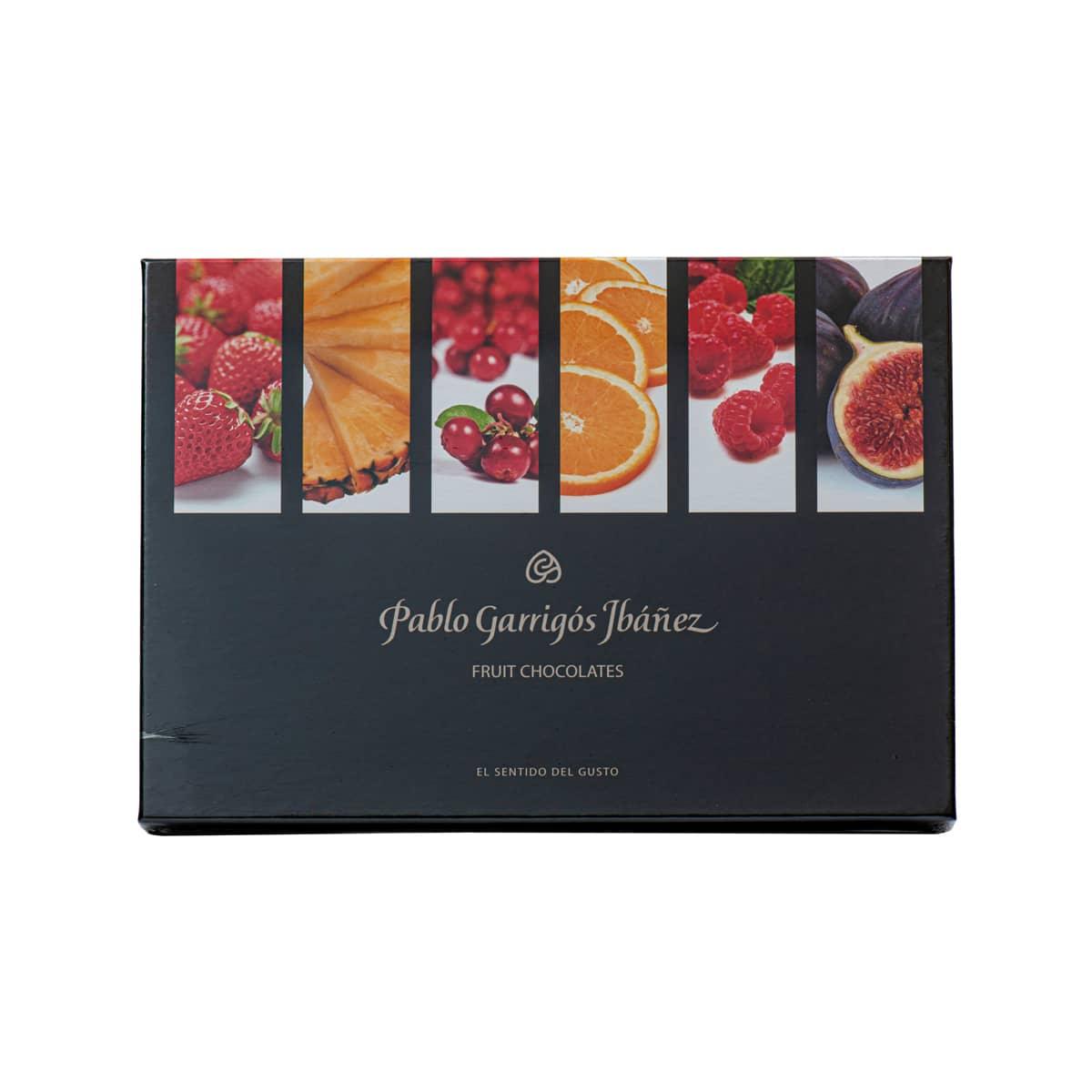Assorted fruit chocolates gift box with fruit photo strip and Pablo Garrigos Ibanez logo