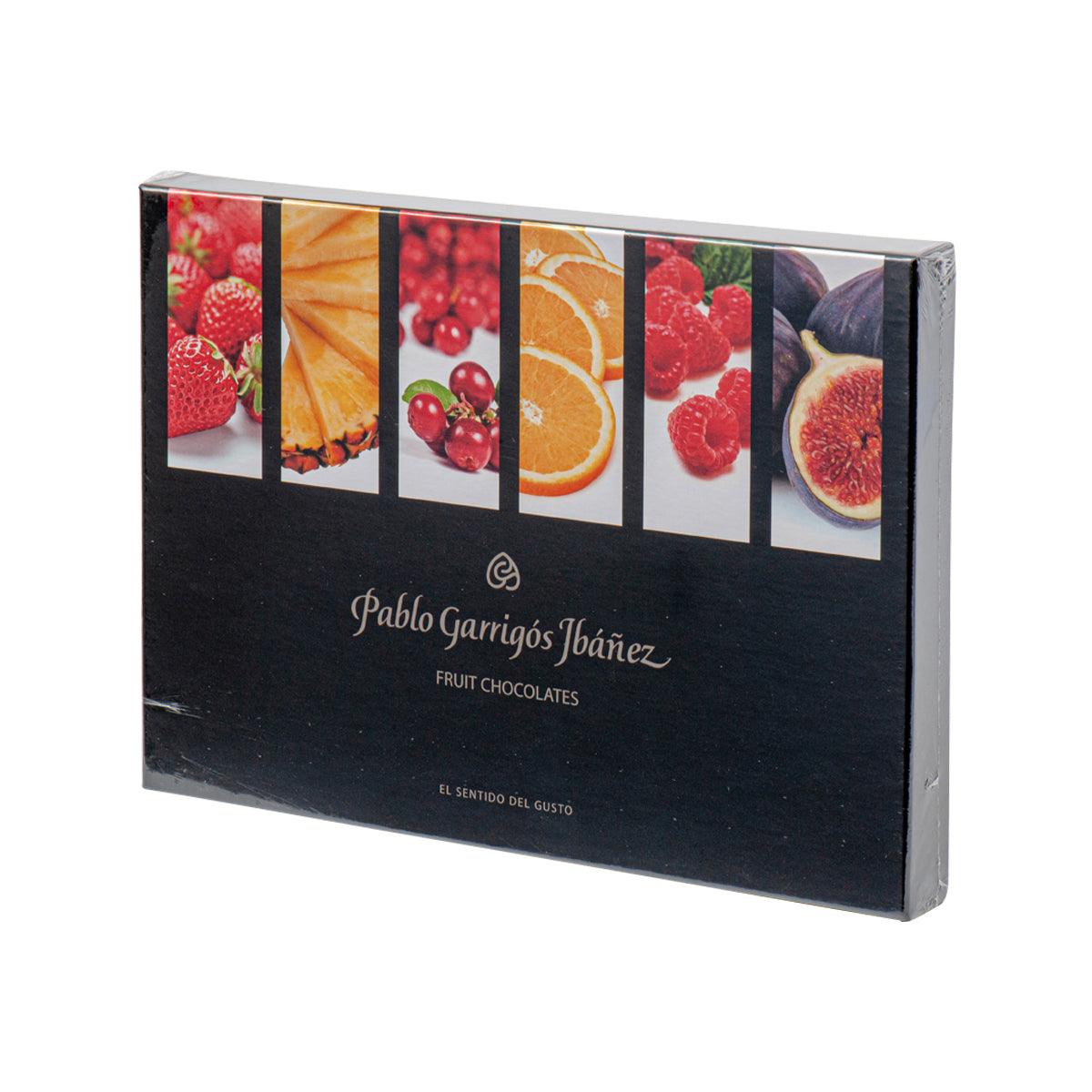 Assorted fruit chocolates gift box, black design with fruit photo panels and logo