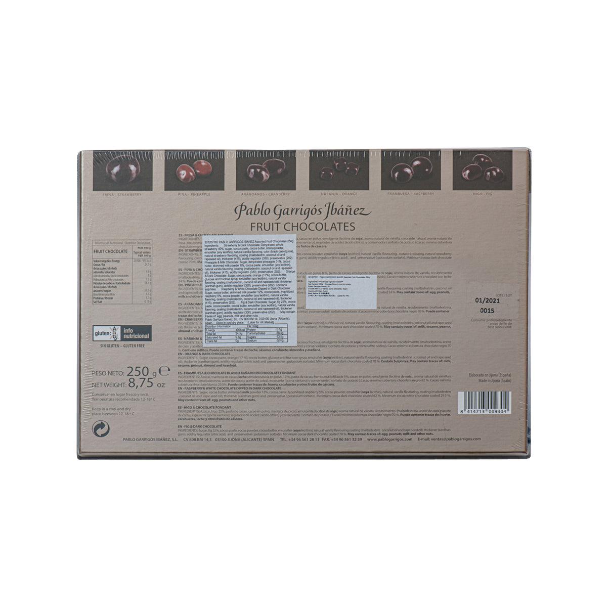 Assorted fruit chocolates gift box back with ingredient panel and barcode