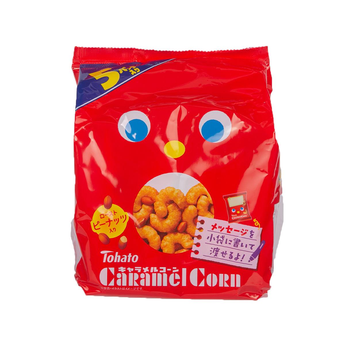 Red caramel corn snack bag with cartoon face and corn pieces