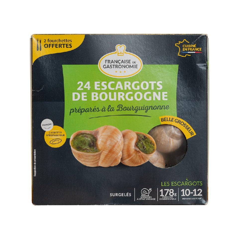 Prepared escargot box, 24 Burgundy escargots, green and dark label, 178g net