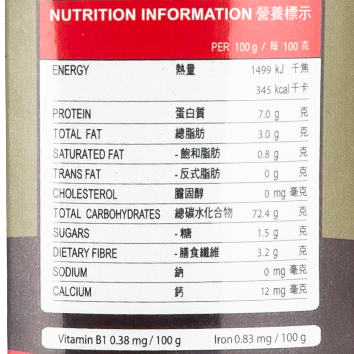 Nutrition facts panel for red cargo rice, per 100 g