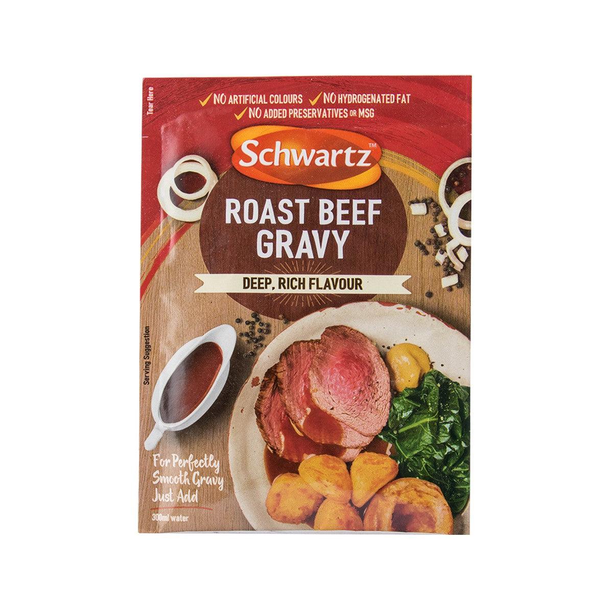 Schwartz roast beef gravy mix sachet, 27 g, roast beef and vegetable graphics