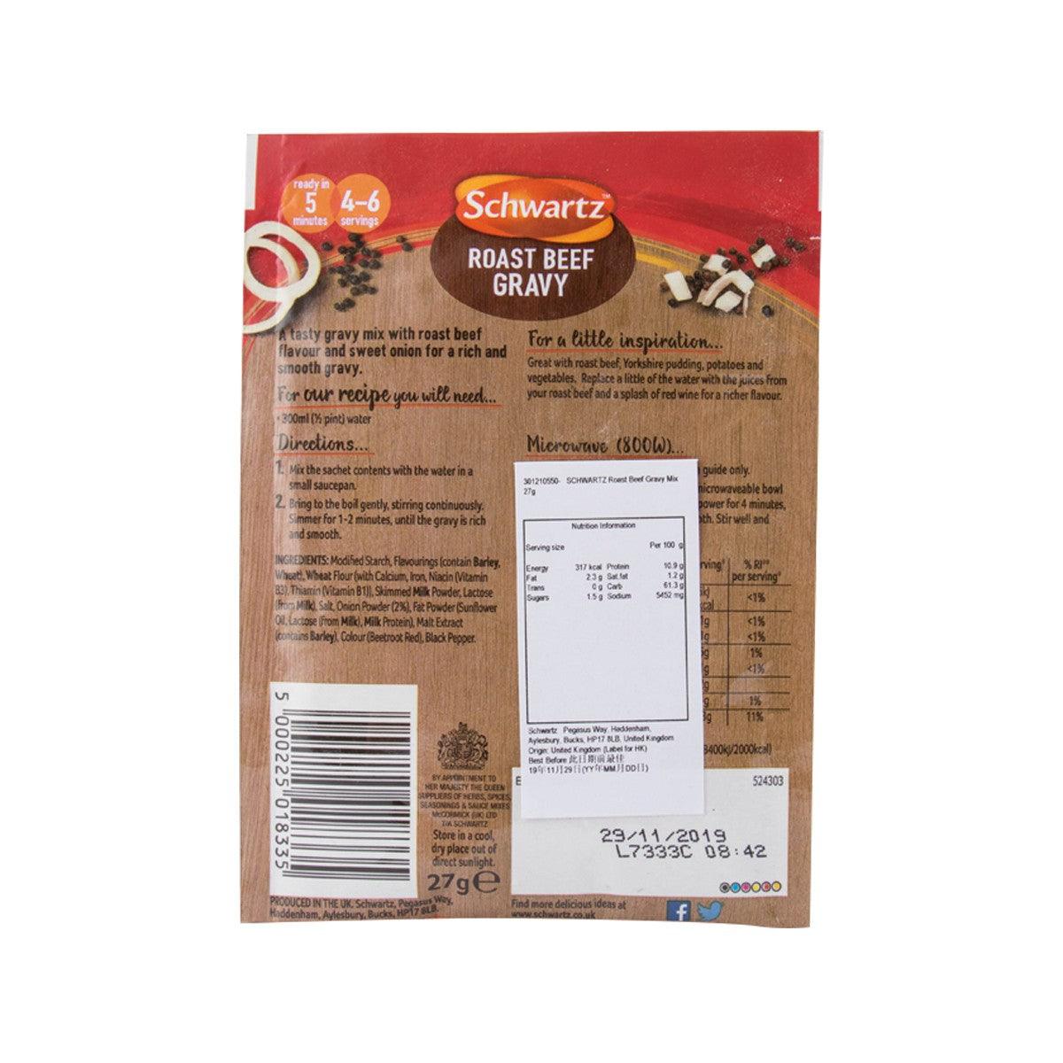 Schwartz roast beef gravy mix sachet, back panel with directions and nutrition table