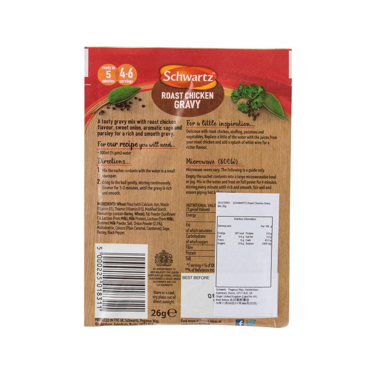 Schwartz roast chicken gravy mix sachet back with directions and nutrition info