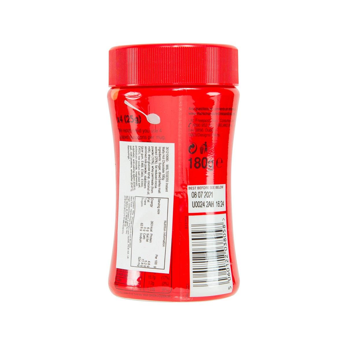 Red MALTESERS hot chocolate jar back label with barcode and text