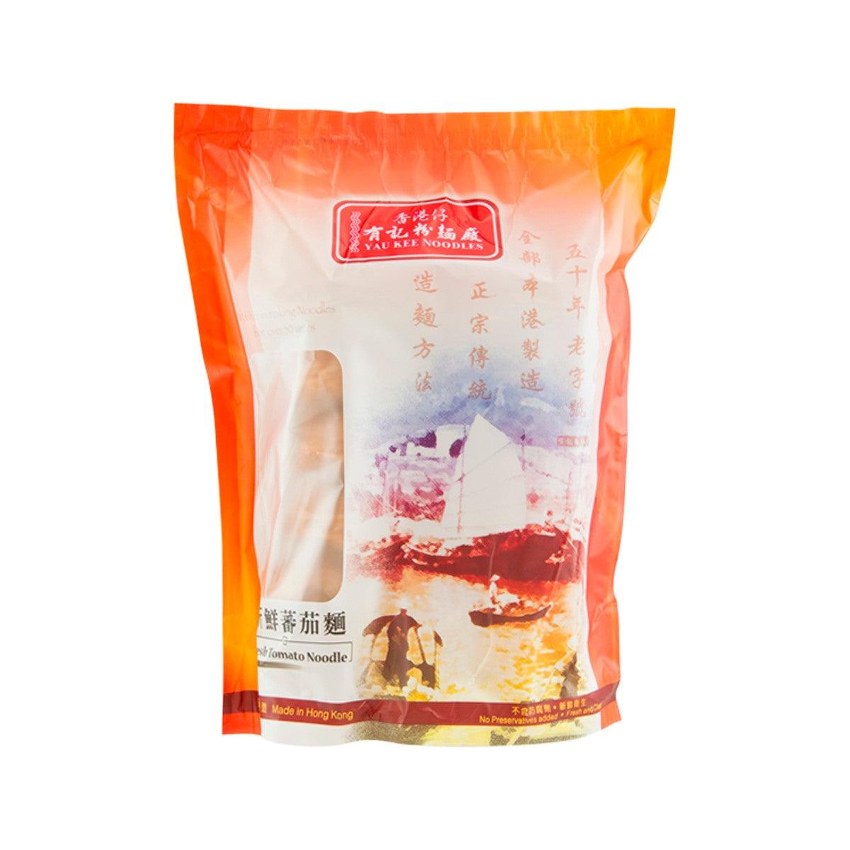 YAU KEE fresh tomato noodle 600g pouch, orange-and-white packaging