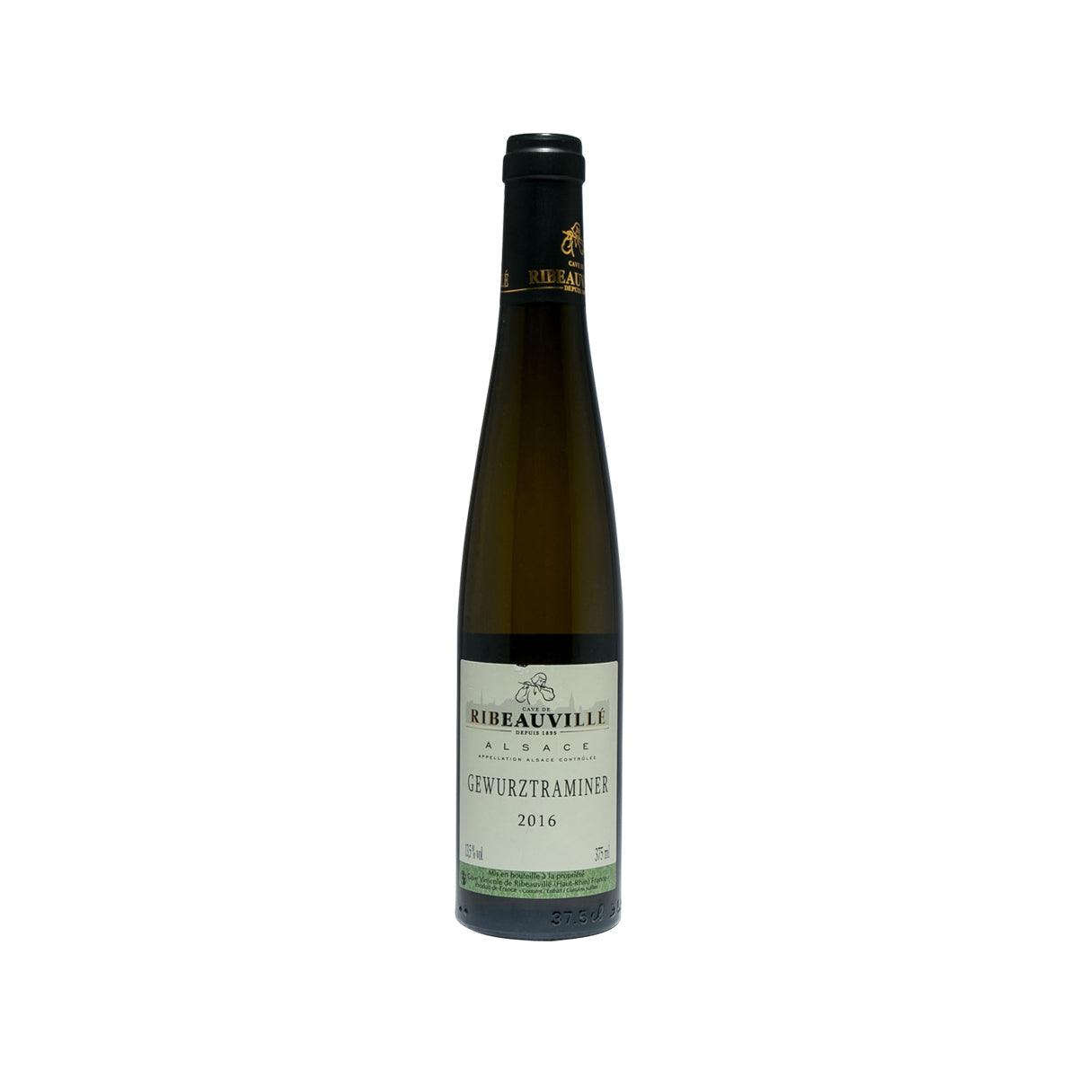 Gewurztraminer wine bottle, 375 mL, green glass with label and black cap