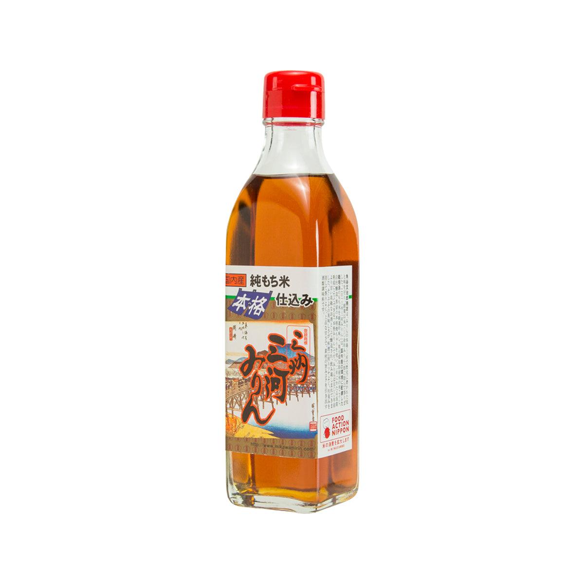 Mirin cooking wine bottle with red cap, amber liquid, front label view, 300 mL
