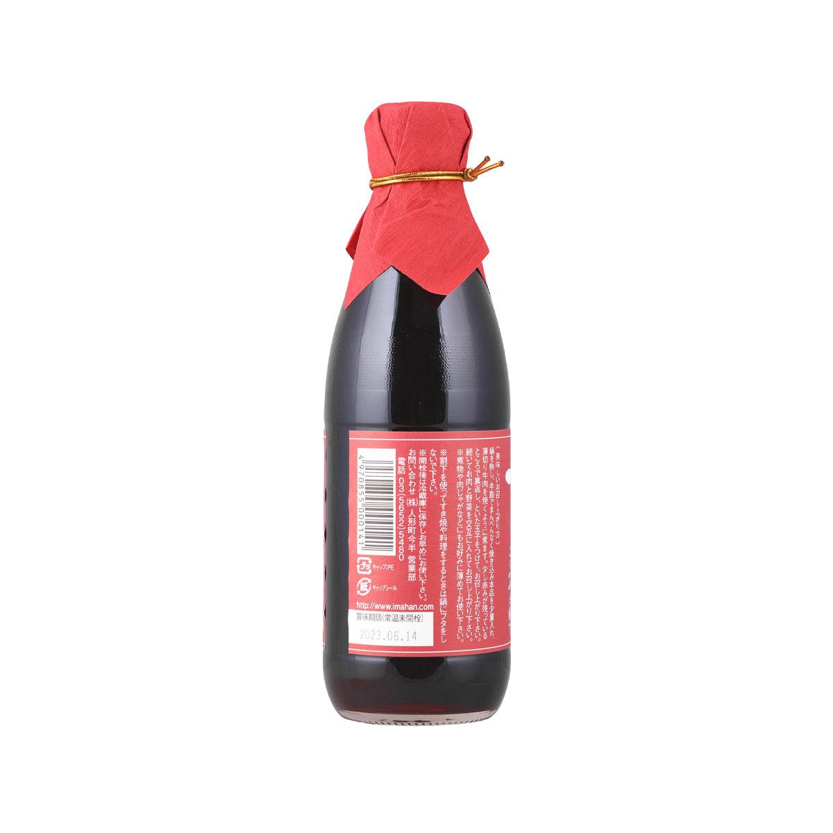 Sukiyaki soup base bottle with red back label and fabric tie, dark brown, 360 mL