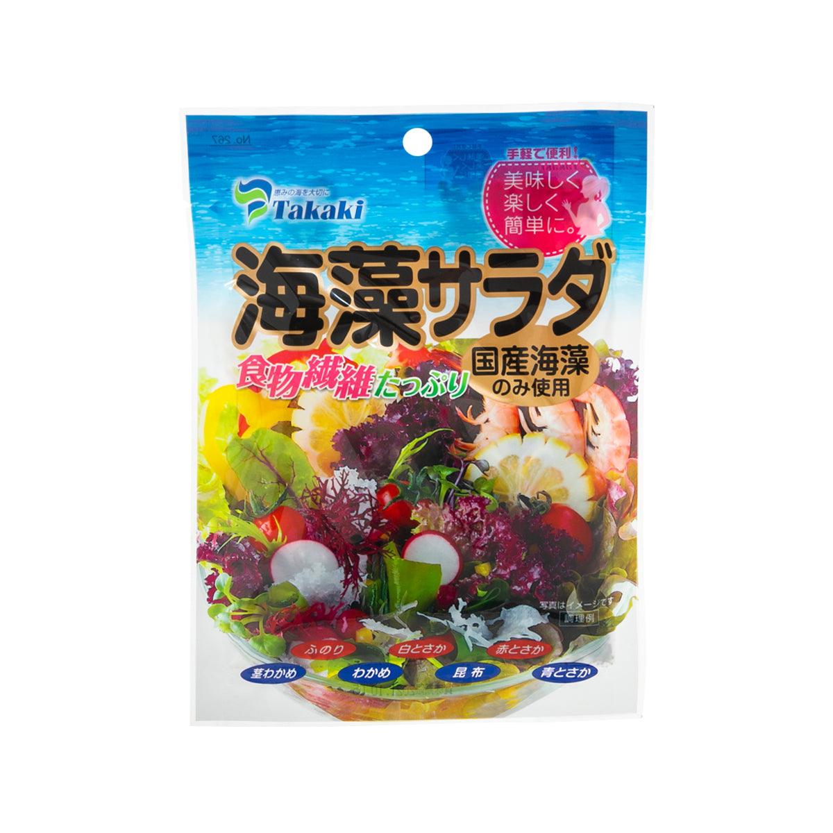 Mixed seaweed salad pouch with Takaki logo, blue front and bowl photo