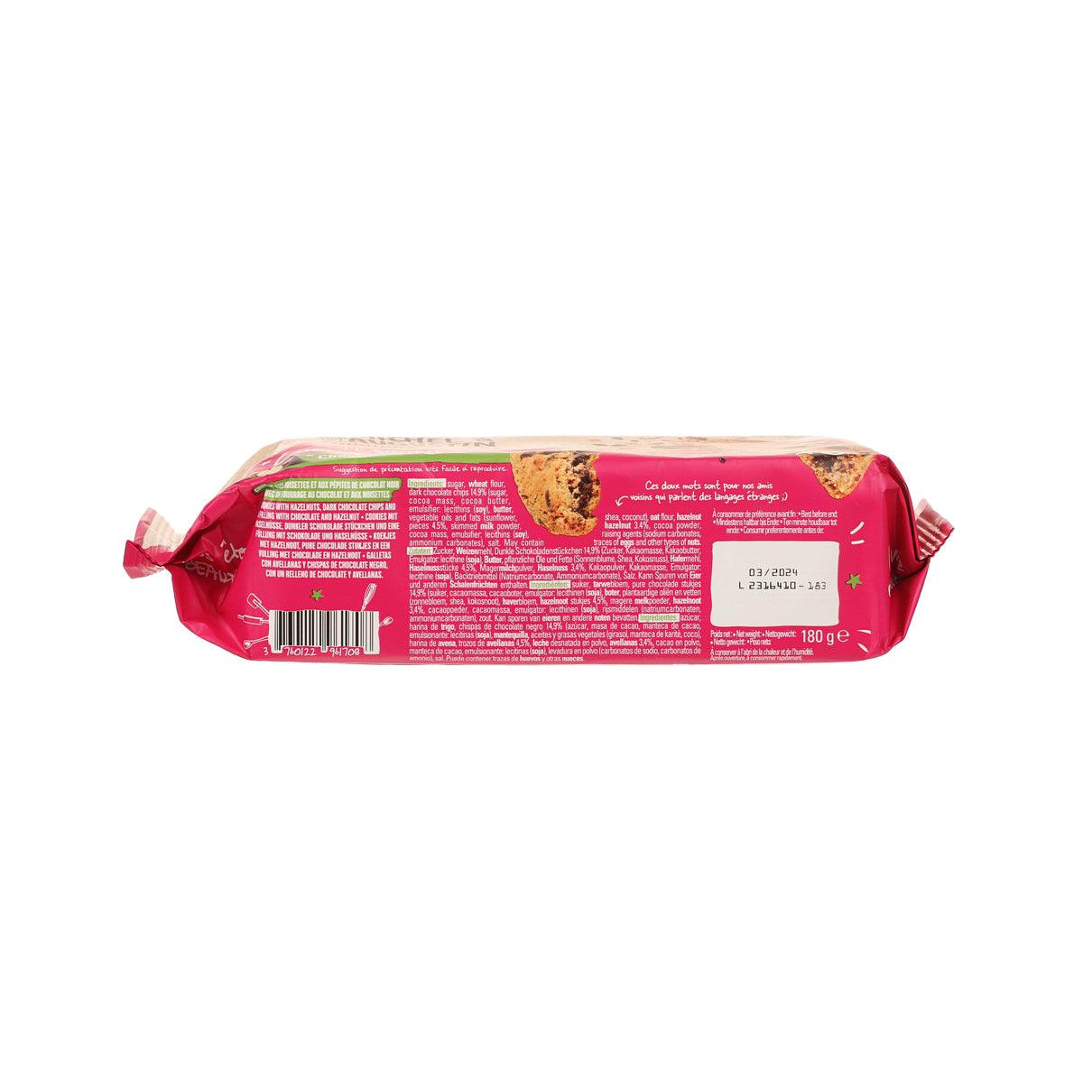Hazelnut cookie pack side with barcode and nutrition text on pink wrapper